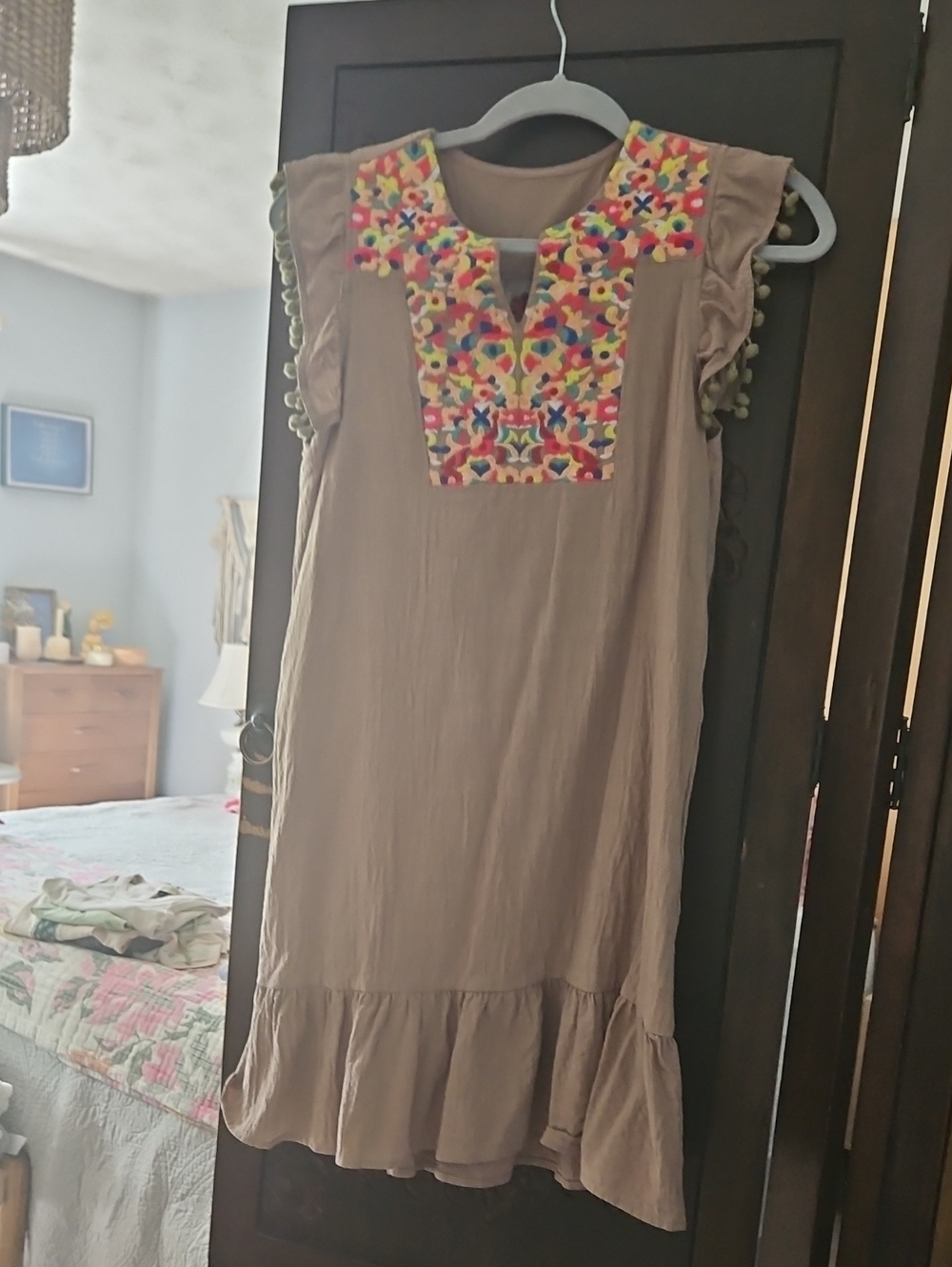 Beige Embroidered Midi Dress with Colorful Yoke